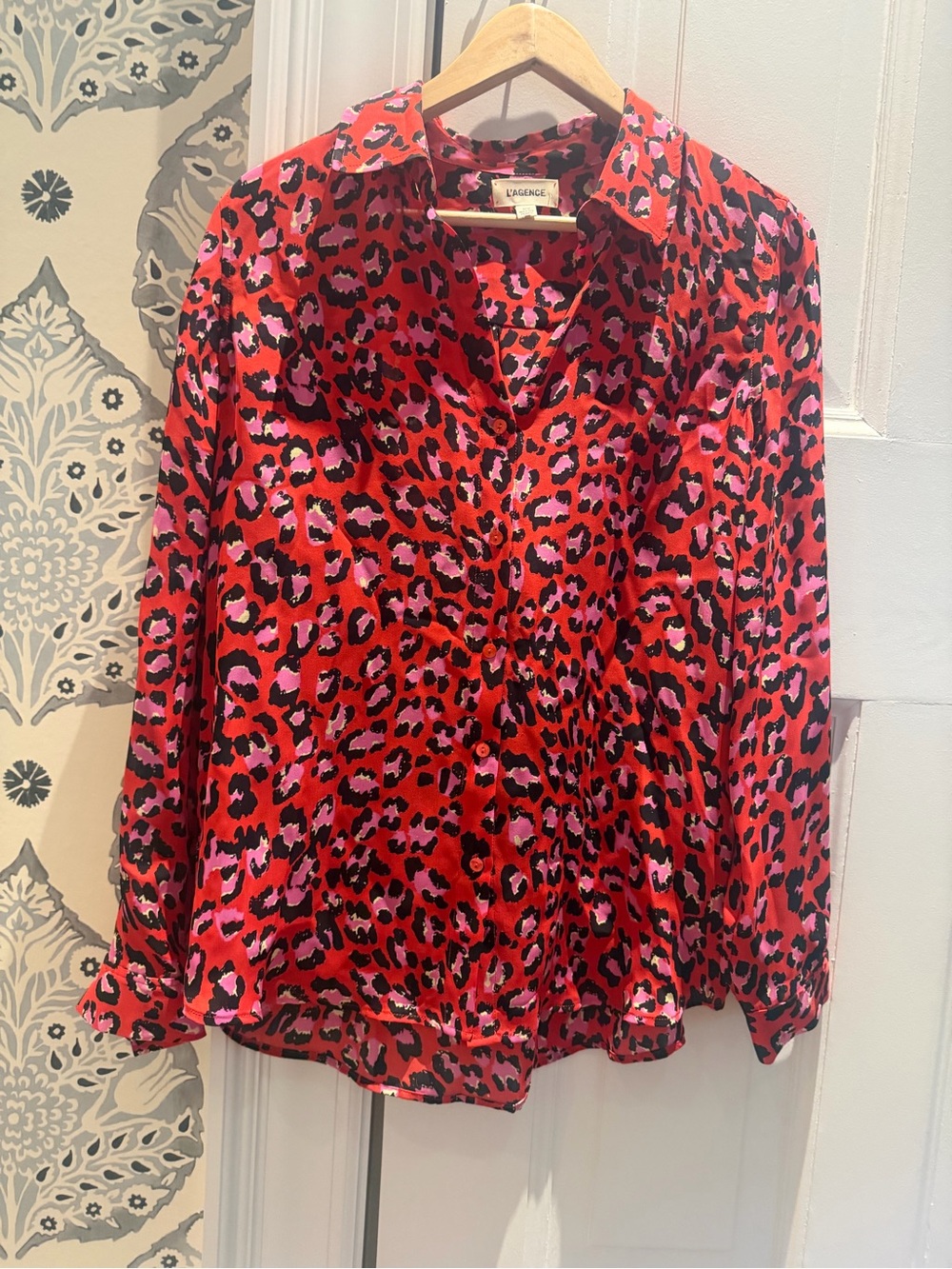 L'AGENCE Red Leopard-Print Button-Down Shirt with Pink and Black Spots